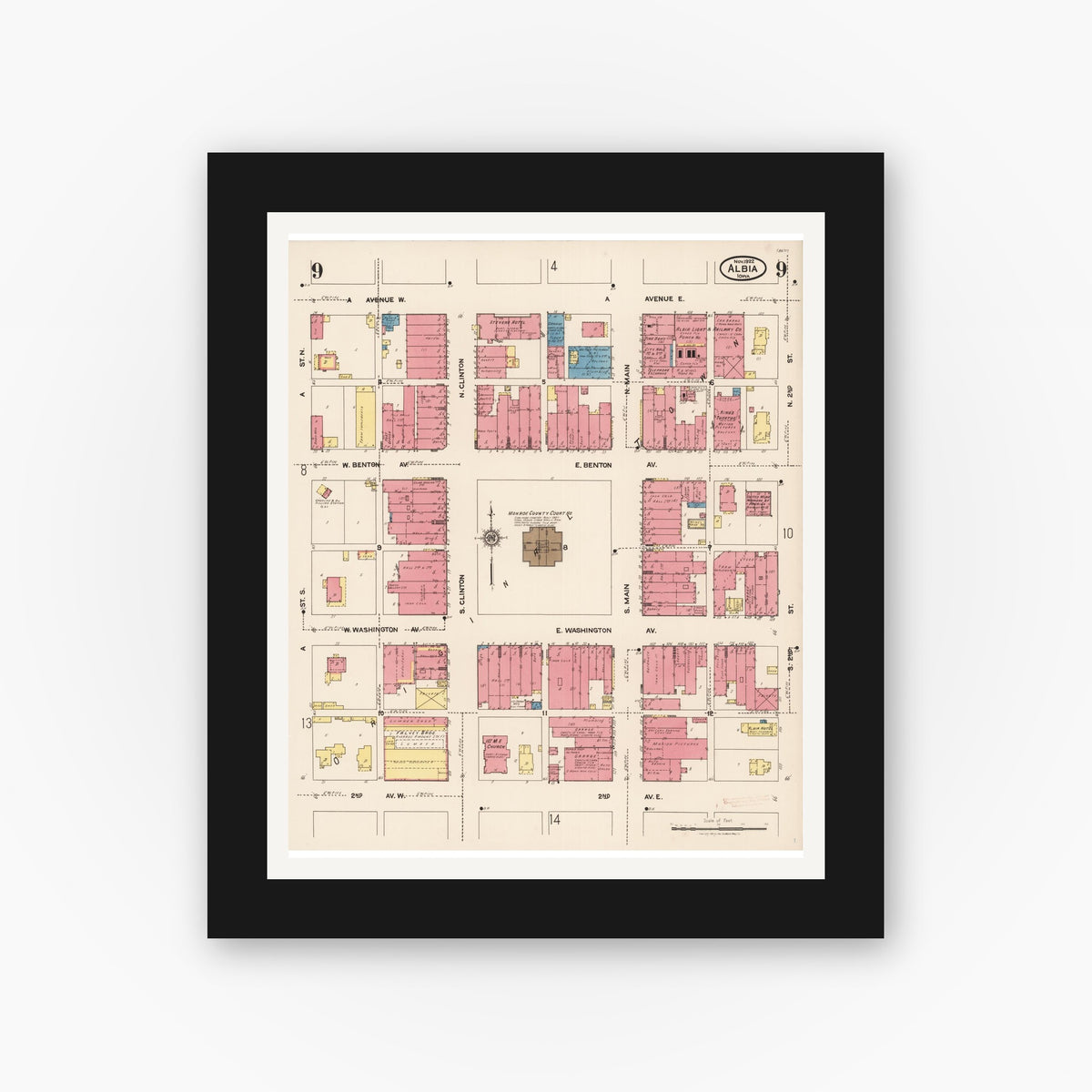 Old map wall art mockup — black gallery frame with white mat — Sanborn Fire Insurance Map from Albia, Monroe County, Iowa (1922), Sheet #0009