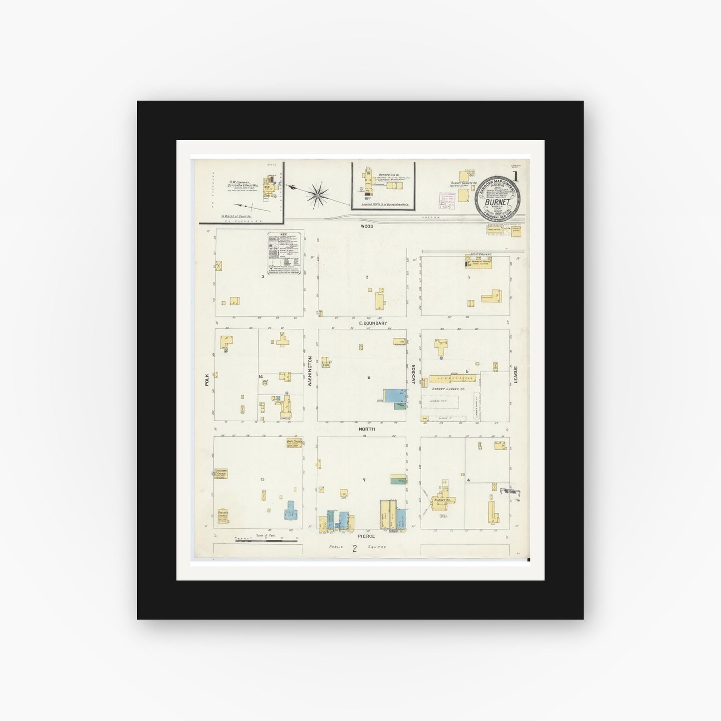 Old map wall art mockup — black gallery frame with white mat — Sanborn Fire Insurance Map from Burnet, Burnet County, Texas (1907), Sheet #0001