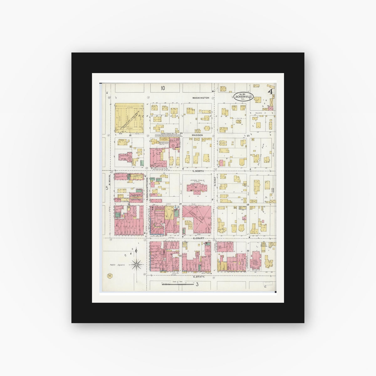 Old map wall art mockup — black gallery frame with white mat — Sanborn Fire Insurance Map from Jacksonville, Morgan County, Illinois (1905), Sheet #0004