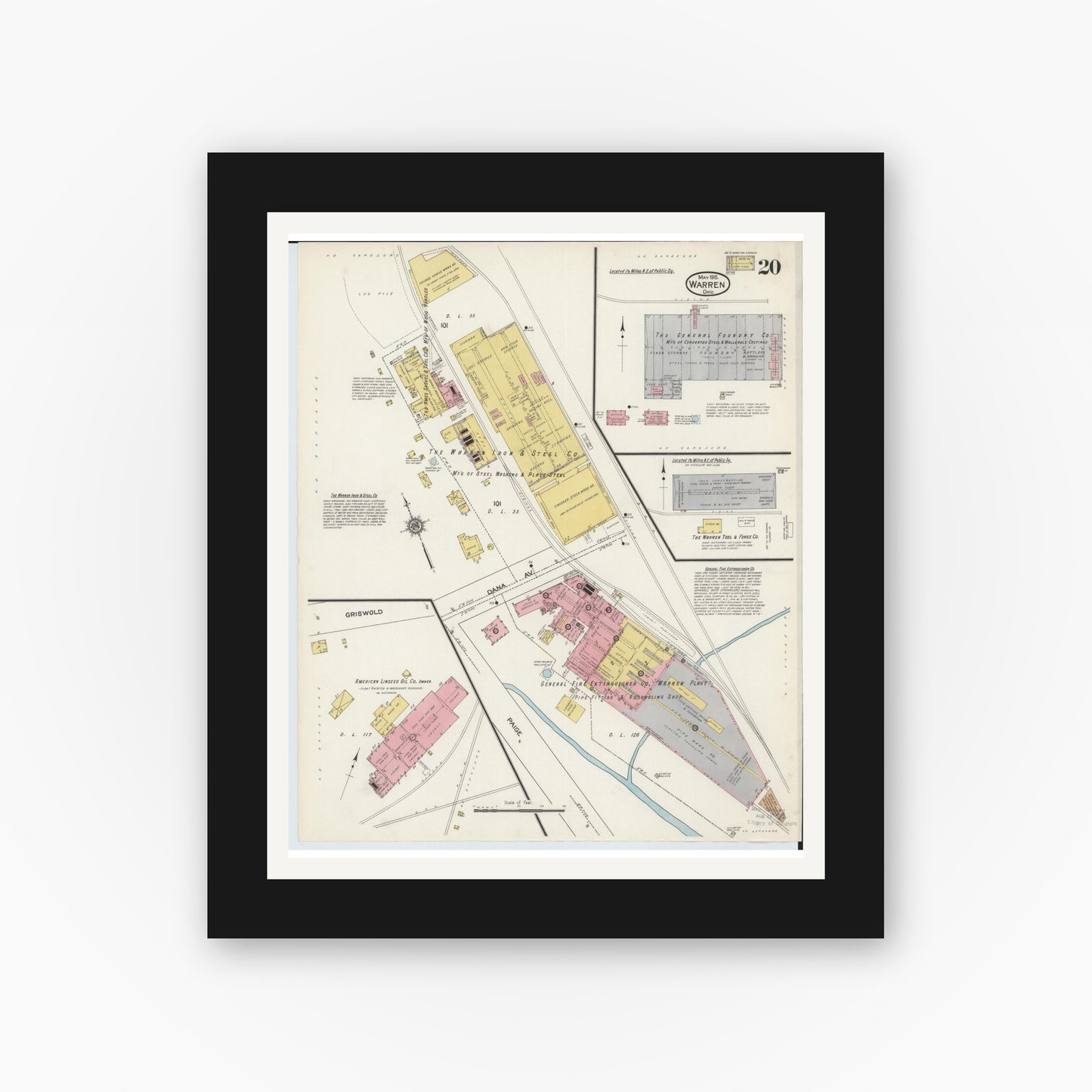 Old map wall art mockup — black gallery frame with white mat — Sanborn Fire Insurance Map from Warren, Trumbull County, Ohio (1915), Sheet #0020
