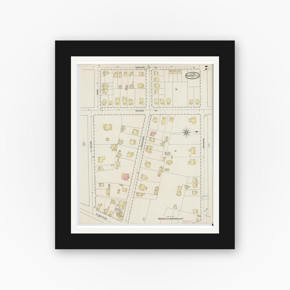 Old map wall art mockup — black gallery frame with white mat — Sanborn Fire Insurance Map from Peekskill, Westchester County, New York (1895), Sheet #0007