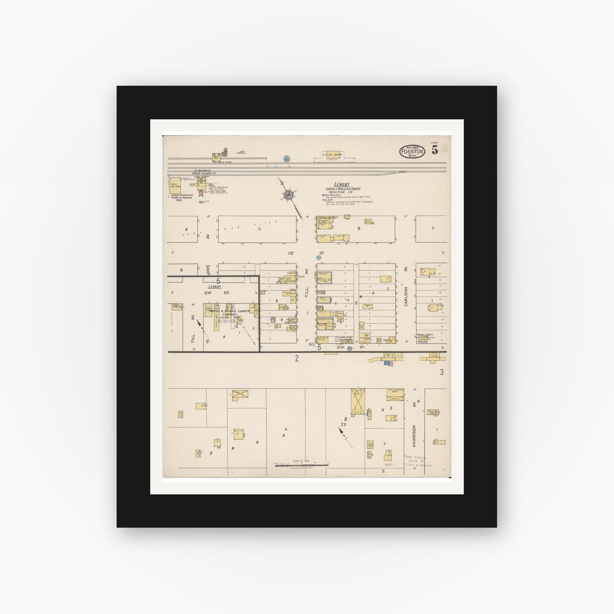 Old map wall art mockup — black gallery frame with white mat — Sanborn Fire Insurance Map from Fosston, Polk County, Minnesota (1922), Sheet #0005