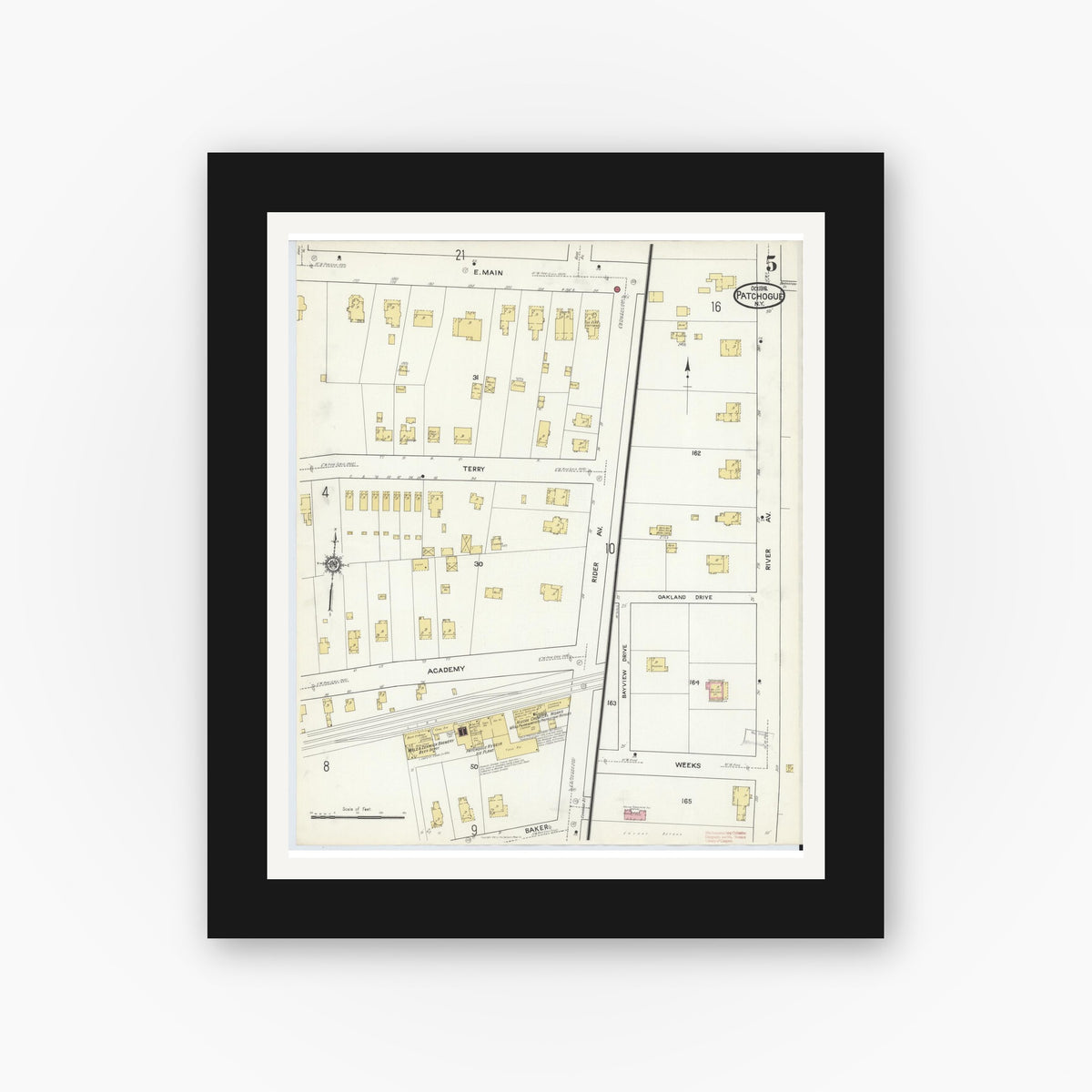 Old map wall art mockup — black gallery frame with white mat — Sanborn Fire Insurance Map from Patchogue, Suffolk County, New York (1916), Sheet #0005