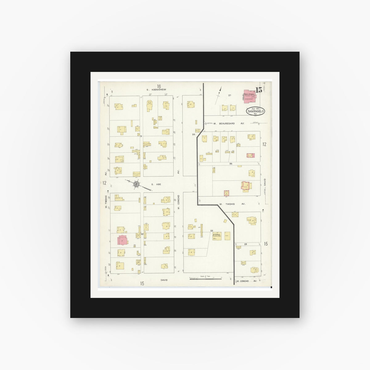 Old map wall art mockup — black gallery frame with white mat — Sanborn Fire Insurance Map from San Angelo, Tom Green County, Texas (1913), Sheet #0015
