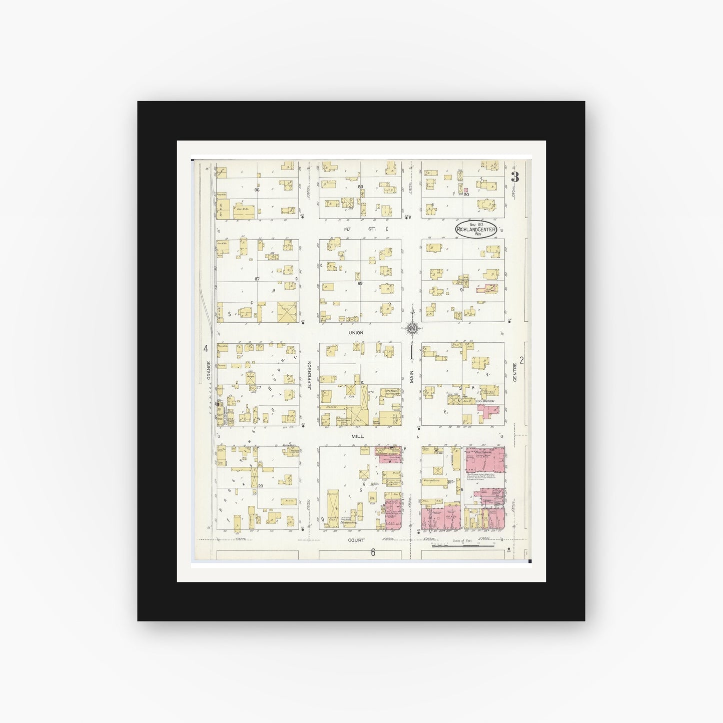 Old map wall art mockup — black gallery frame with white mat — Sanborn Fire Insurance Map from Richland Center, Richland County, Wisconsin (1912), Sheet #0003