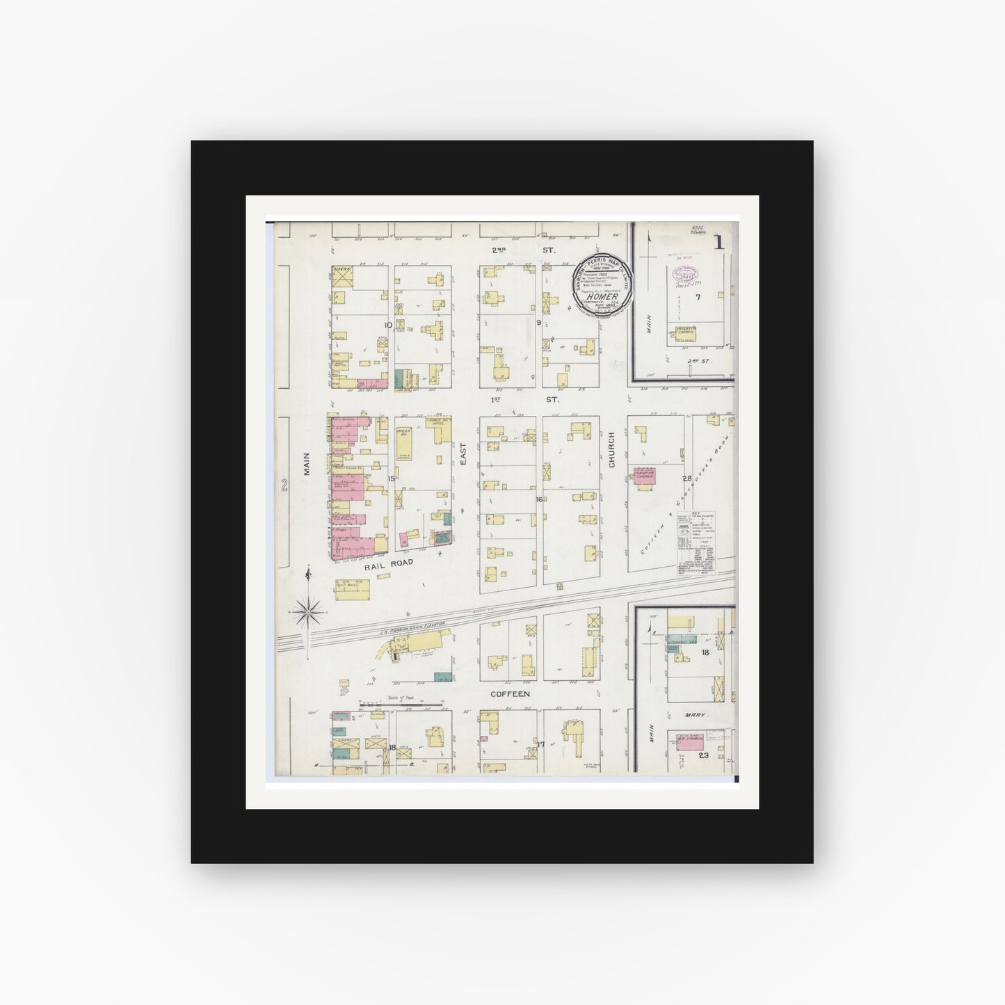 Old map wall art mockup — black gallery frame with white mat — Sanborn Fire Insurance Map from Homer, Champaign County, Illinois (1893), Sheet #0001