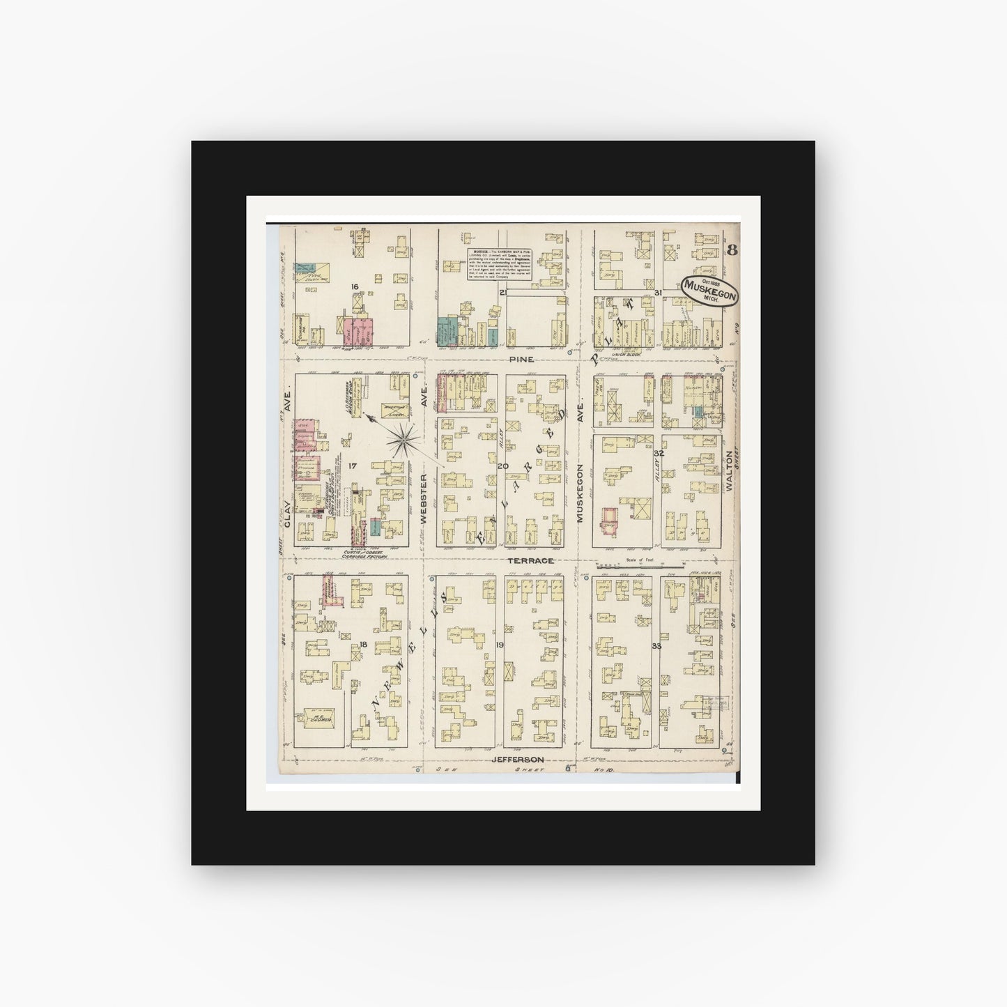 Old map wall art mockup — black gallery frame with white mat — Sanborn Fire Insurance Map from Muskegon, Muskegon County, Michigan (1883), Sheet #0008