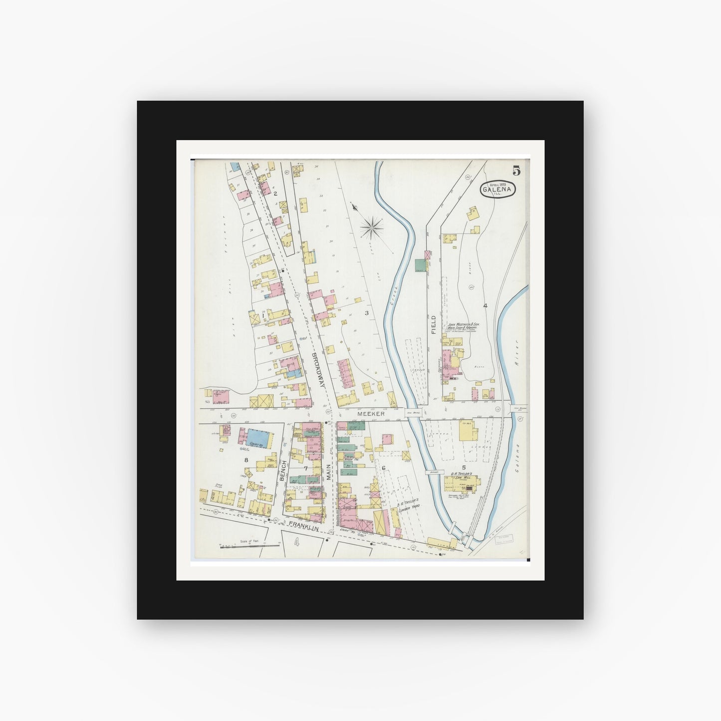 Old map wall art mockup — black gallery frame with white mat — Sanborn Fire Insurance Map from Galena, Jo Daviess County, Illinois (1893), Sheet #0005