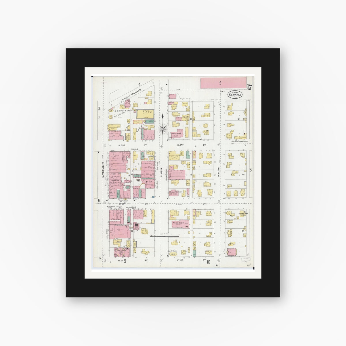 Old map wall art mockup — black gallery frame with white mat — Sanborn Fire Insurance Map from Kewanee, Henry County, Illinois (1905), Sheet #0007