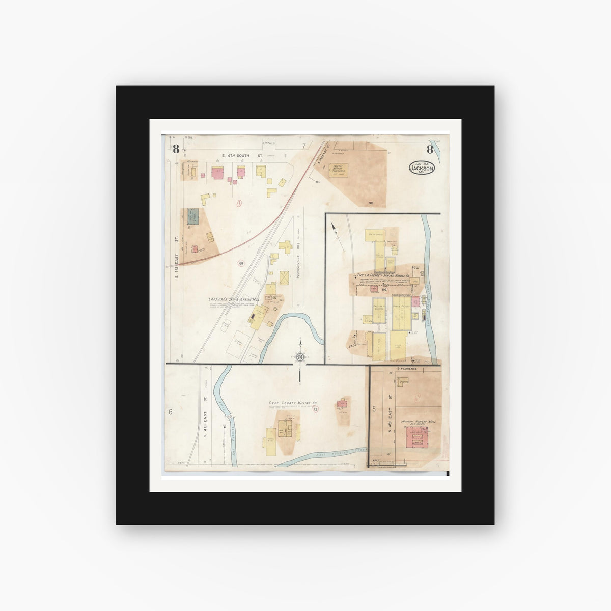 Old map wall art mockup — black gallery frame with white mat — Sanborn Fire Insurance Map from Jackson, Cape Girardeau County, Missouri (1941), Sheet #0008