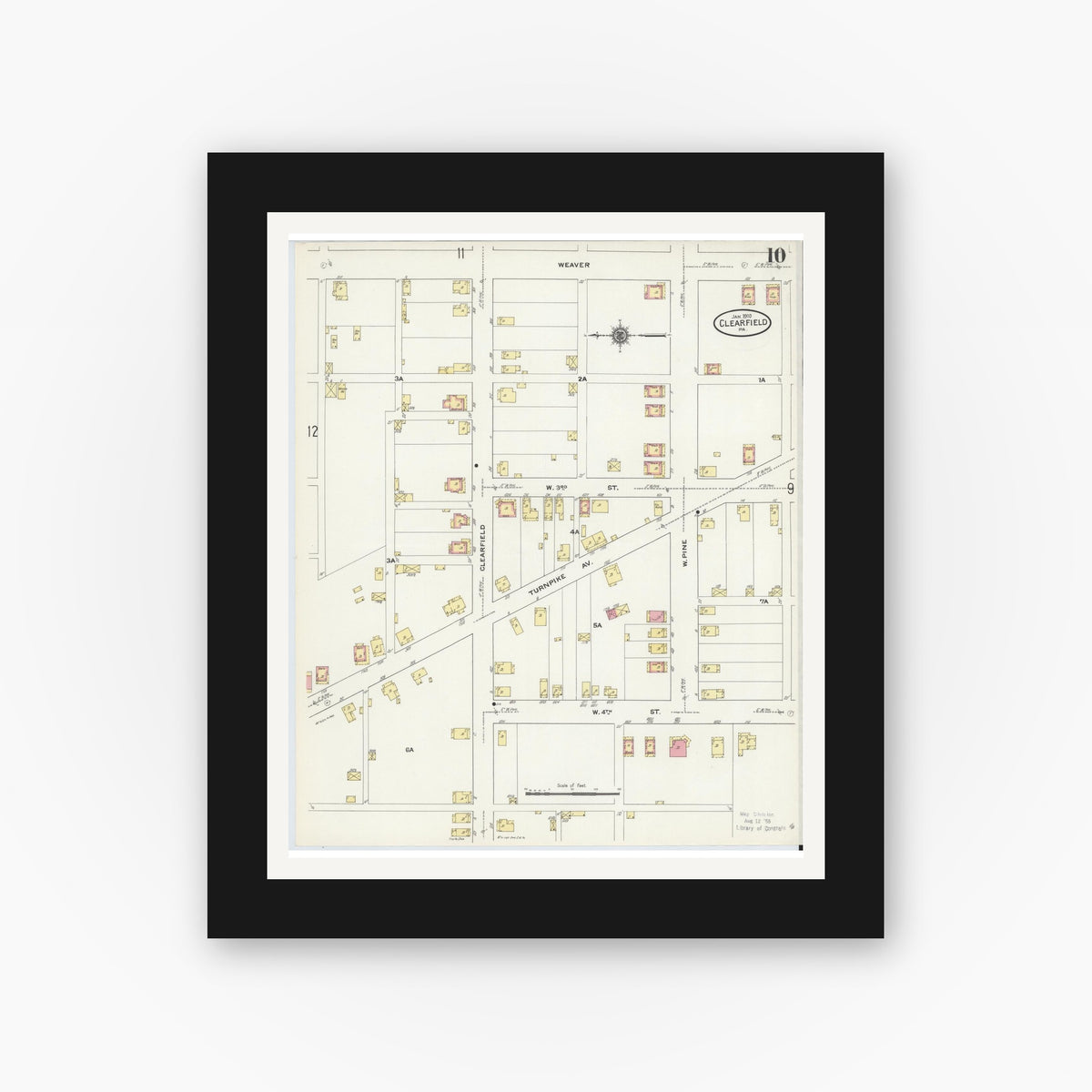 Old map wall art mockup — black gallery frame with white mat — Sanborn Fire Insurance Map from Clearfield, Clearfield County, Pennsylvania (1911), Sheet #0010