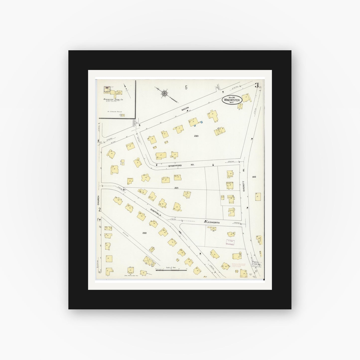 Old map wall art mockup — black gallery frame with white mat — Sanborn Fire Insurance Map from Winchester, Middlesex County, Massachusetts (1910), Sheet #0003