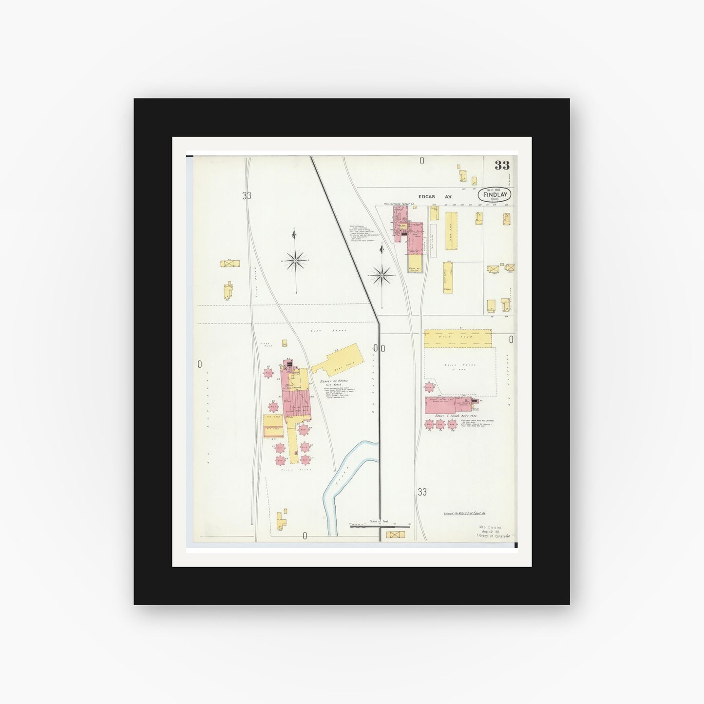 Old map wall art mockup — black gallery frame with white mat — Sanborn Fire Insurance Map from Findlay, Hancock County, Ohio (1901), Sheet #0033