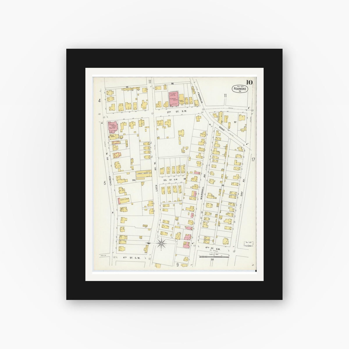Old map wall art mockup — black gallery frame with white mat — Sanborn Fire Insurance Map from Roanoke, Independent Cities, Virginia (1903), Sheet #0010