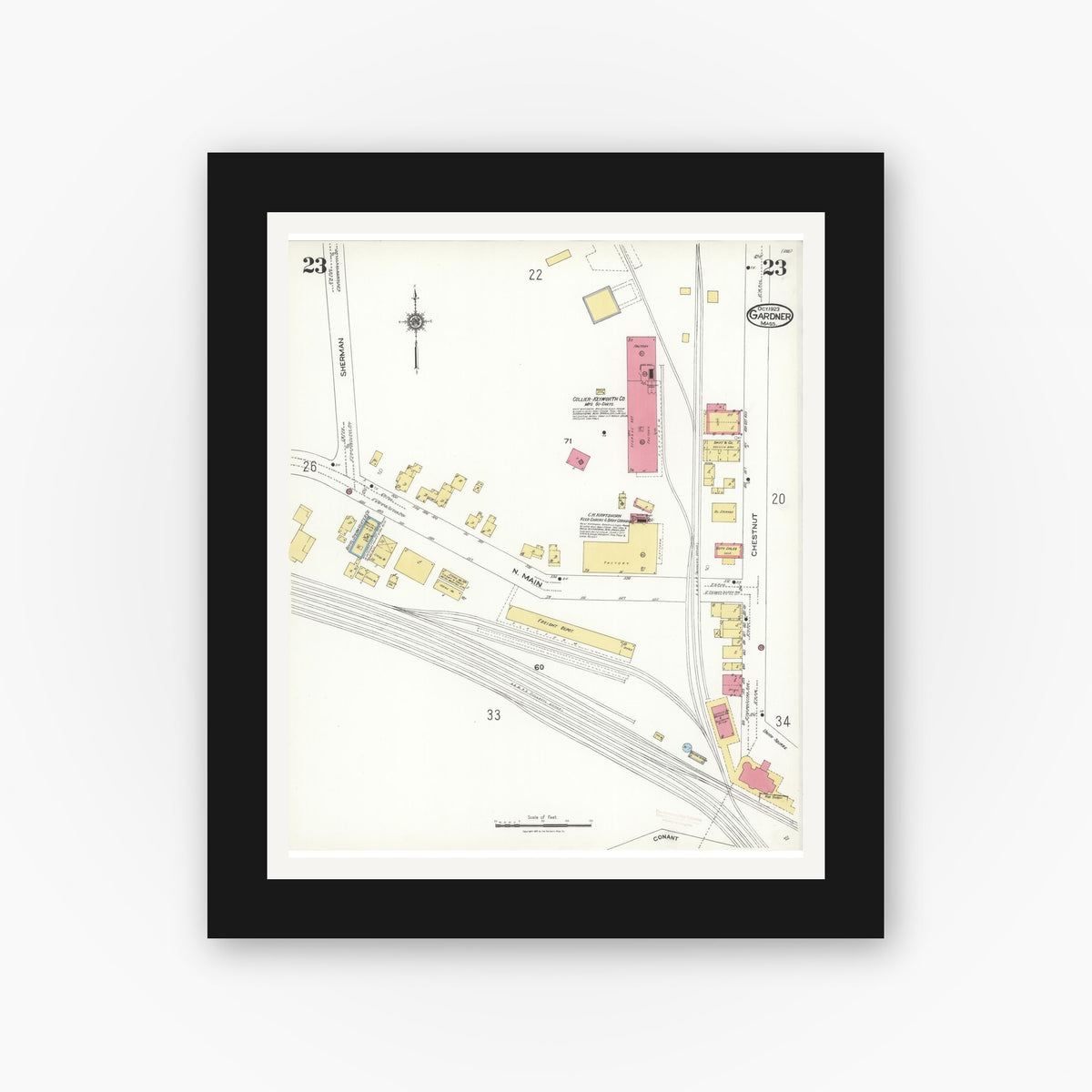 Old map wall art mockup — black gallery frame with white mat — Sanborn Fire Insurance Map from Gardner, Worcester County, Massachusetts (1923), Sheet #0023