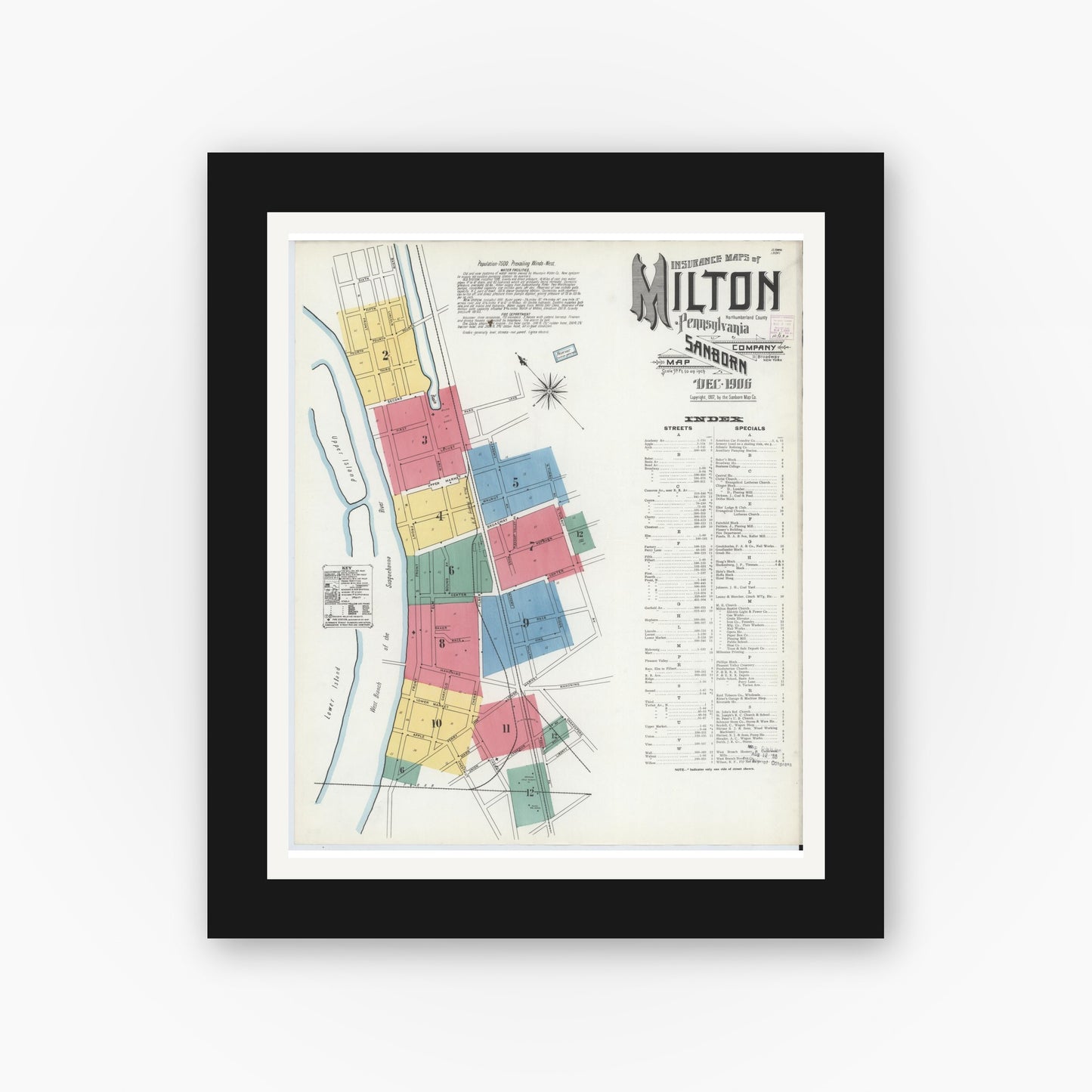Old map wall art mockup — black gallery frame with white mat — Sanborn Fire Insurance Map from Milton, Northumberland County, Pennsylvania (1906), Sheet #0001