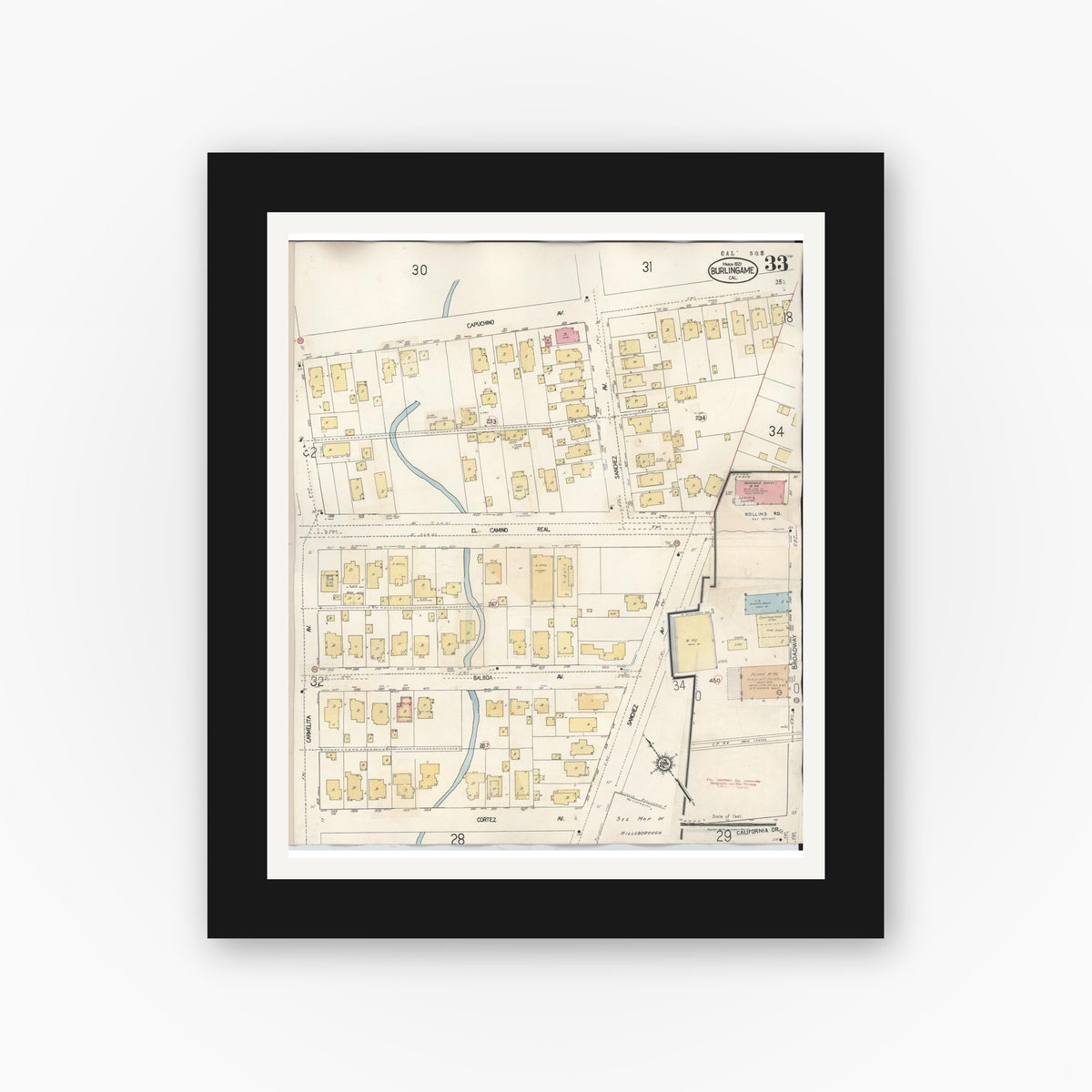 Old map wall art mockup — black gallery frame with white mat — Sanborn Fire Insurance Map from Burlingame, San Mateo County, California (1949), Sheet #0033