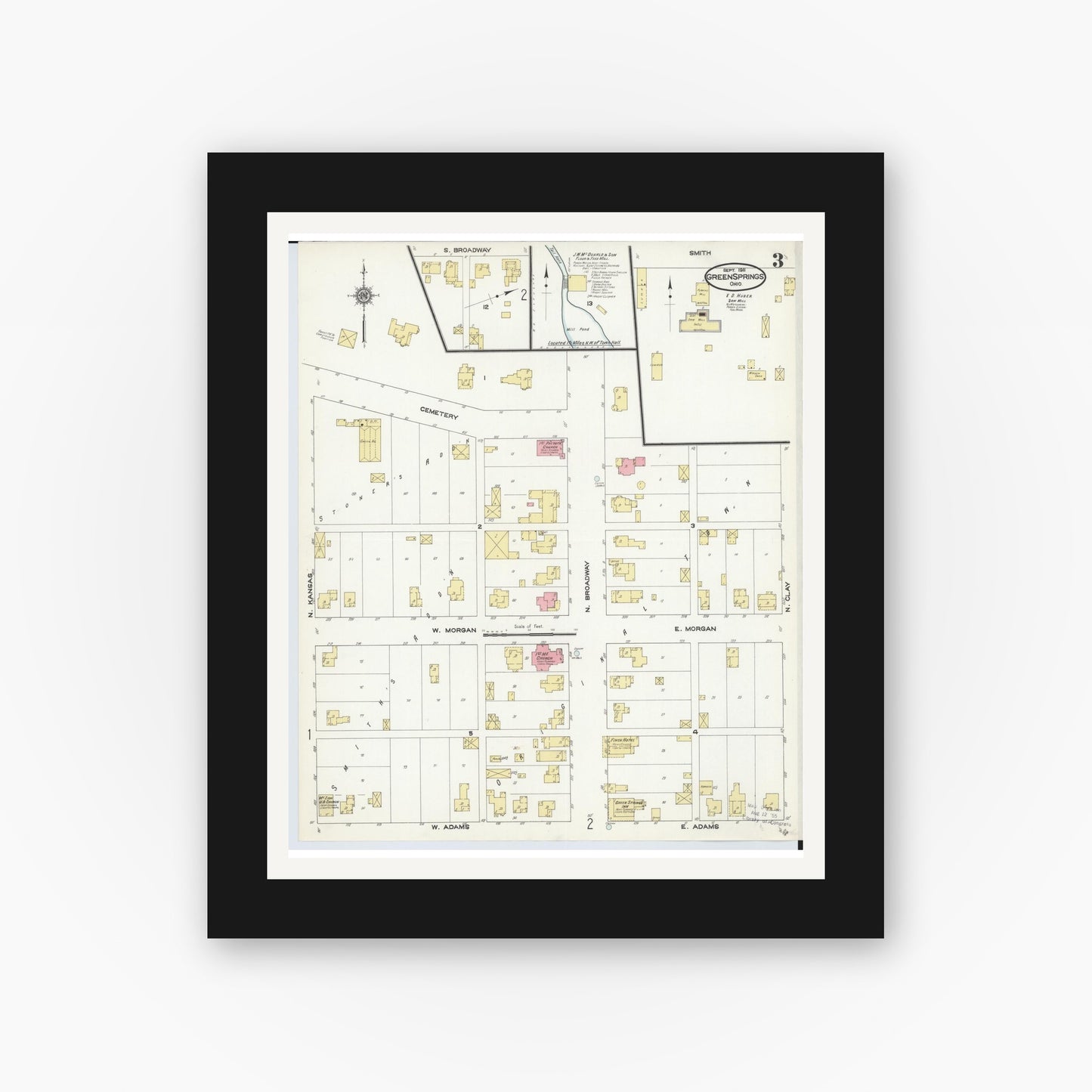 Old map wall art mockup — black gallery frame with white mat — Sanborn Fire Insurance Map from Green Springs, Sandusky And Seneca Counties, Ohio (1911), Sheet #0003