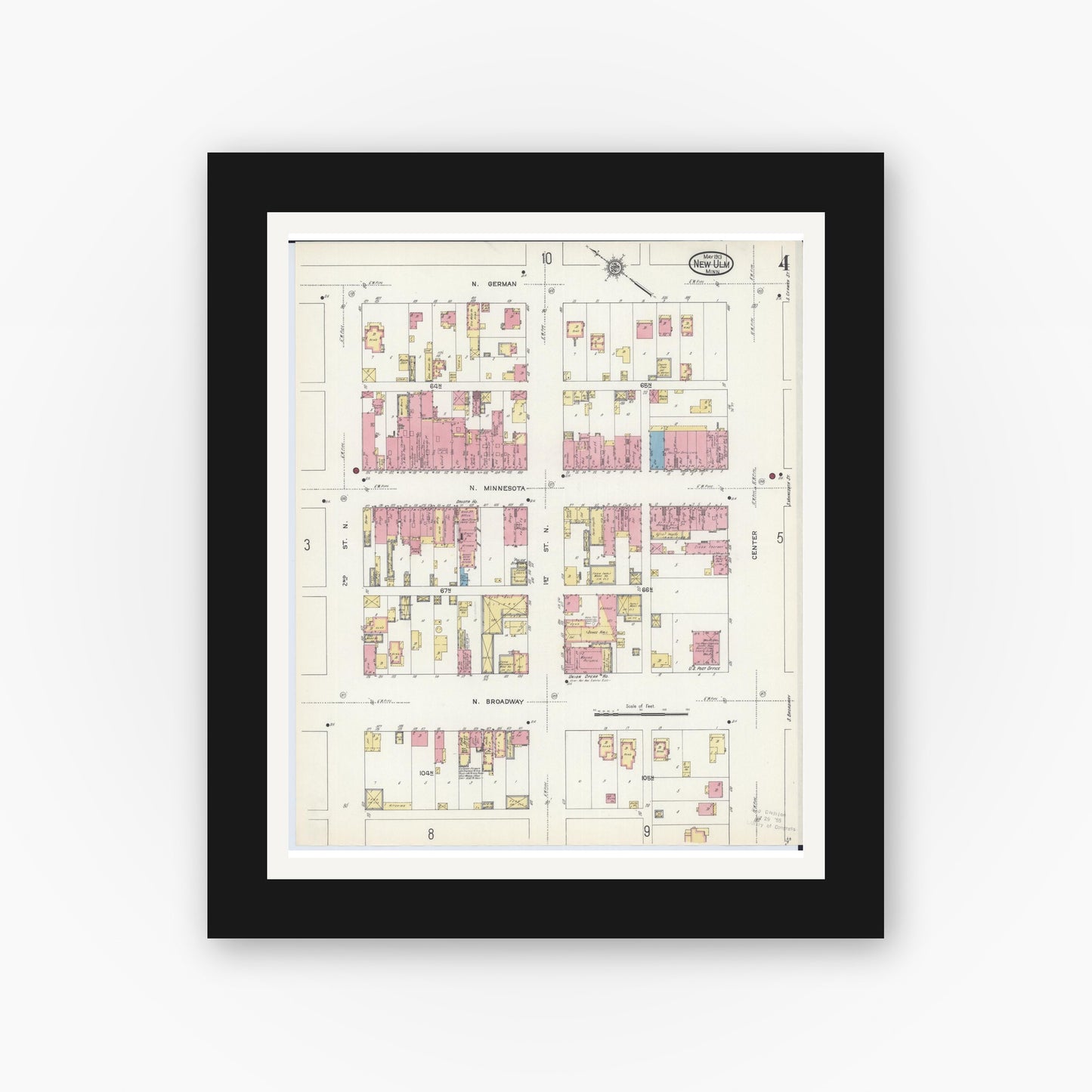 Old map wall art mockup — black gallery frame with white mat — Sanborn Fire Insurance Map from New Ulm, Brown County, Minnesota (1913), Sheet #0004