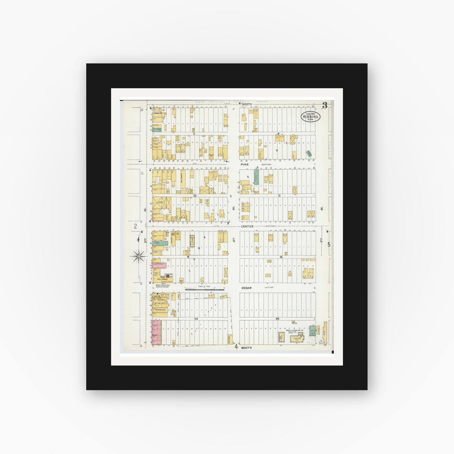 Old map wall art mockup — black gallery frame with white mat — Sanborn Fire Insurance Map from Hibbing, Saint Louis County, Minnesota (1904), Sheet #0003