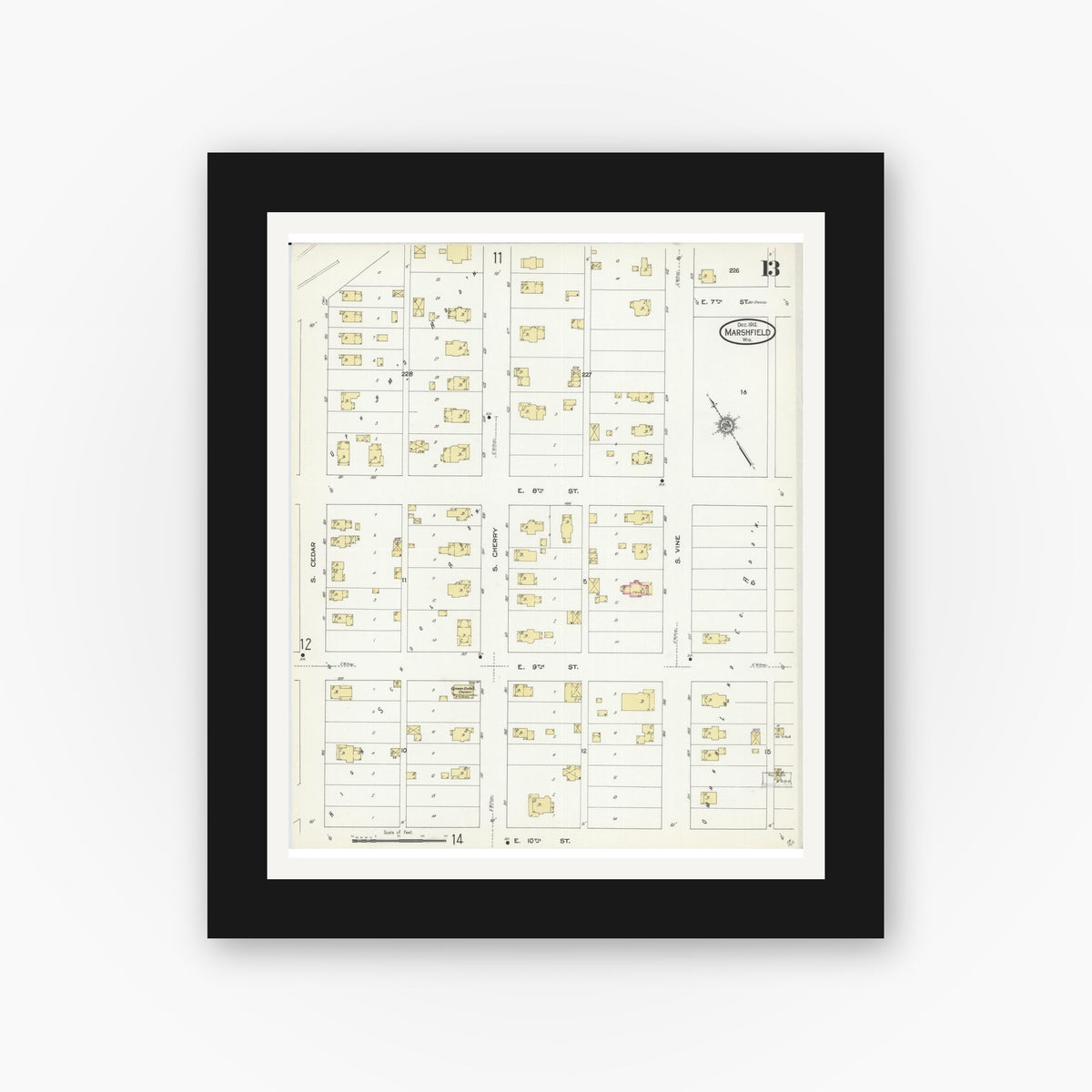 Old map wall art mockup — black gallery frame with white mat — Sanborn Fire Insurance Map from Marshfield, Wood County, Wisconsin (1912), Sheet #0013