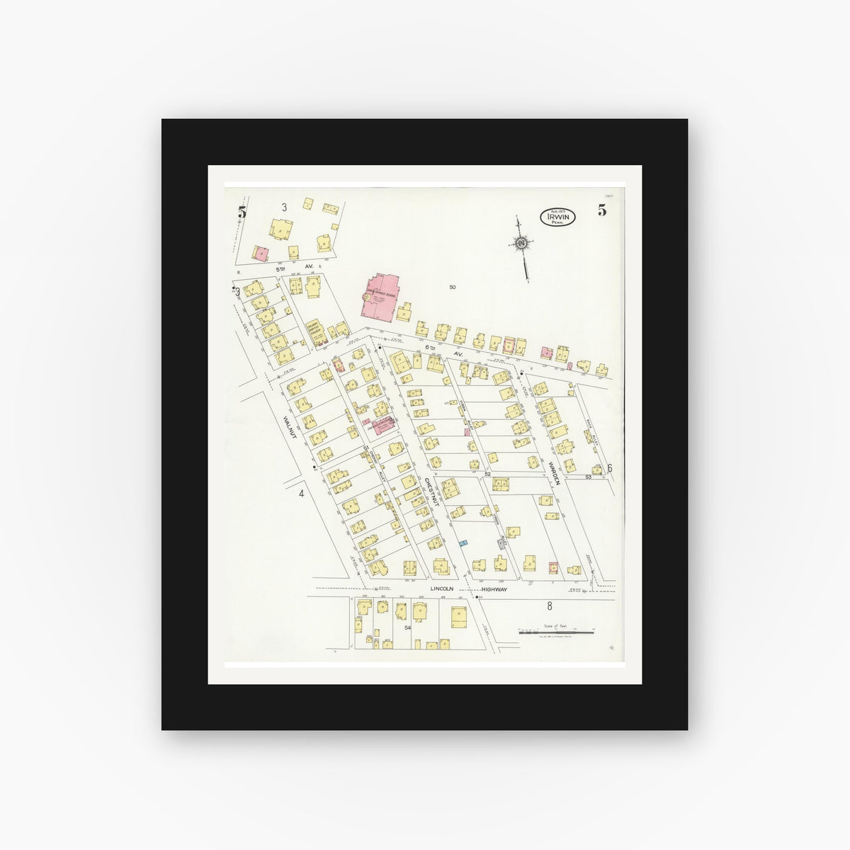 Old map wall art mockup — black gallery frame with white mat — Sanborn Fire Insurance Map from Irwin, Westmoreland County, Pennsylvania (1925), Sheet #0005