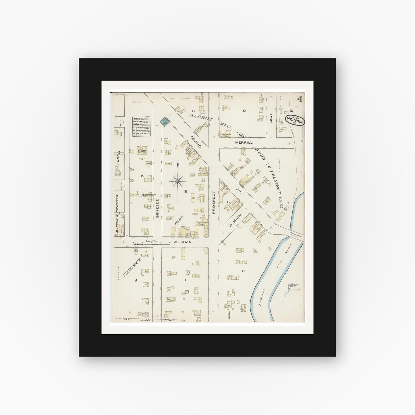 Old map wall art mockup — black gallery frame with white mat — Sanborn Fire Insurance Map from Merrill, Lincoln County, Wisconsin (1884), Sheet #0004