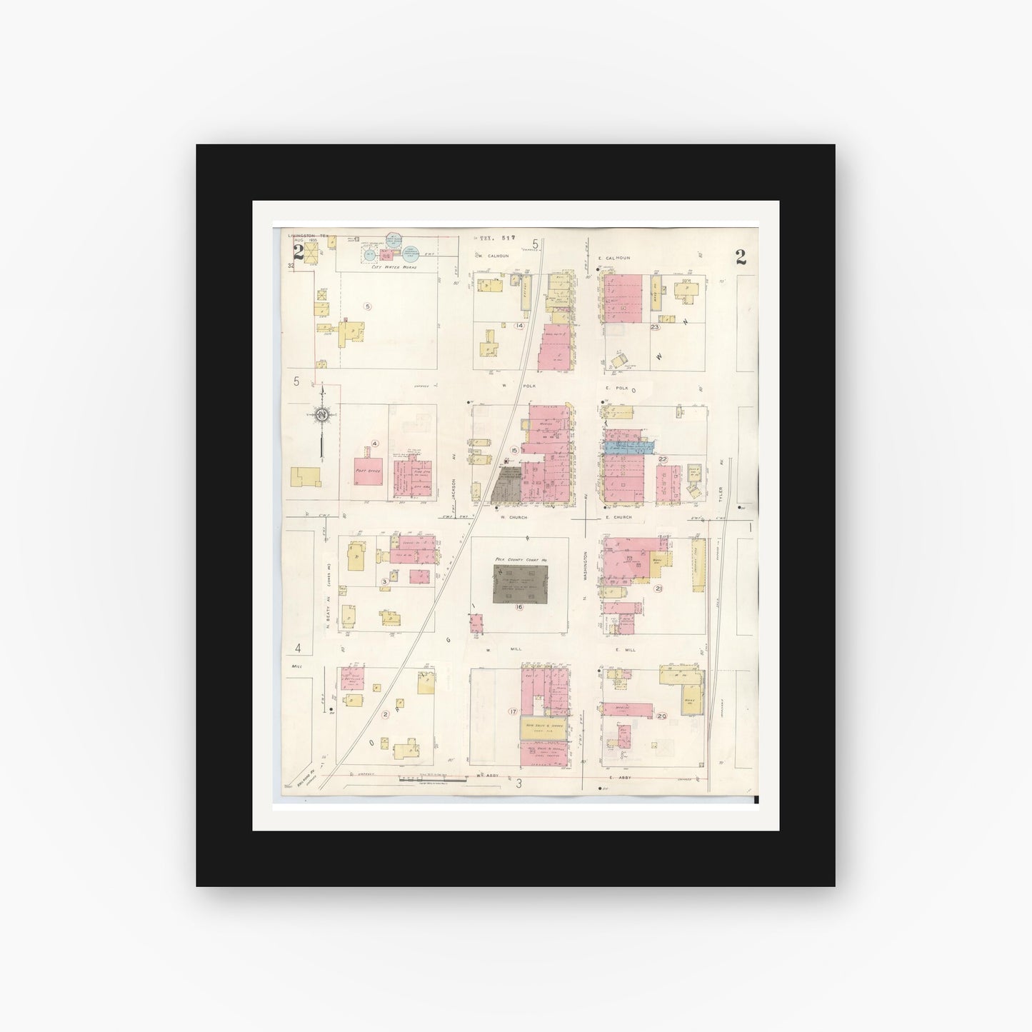 Old map wall art mockup — black gallery frame with white mat — Sanborn Fire Insurance Map from Livingston, Polk County, Texas (1943), Sheet #0002
