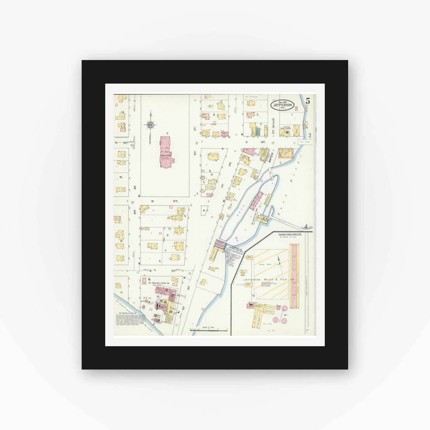 Old map wall art mockup — black gallery frame with white mat — Sanborn Fire Insurance Map from Jefferson, Jefferson County, Wisconsin (1909), Sheet #0005