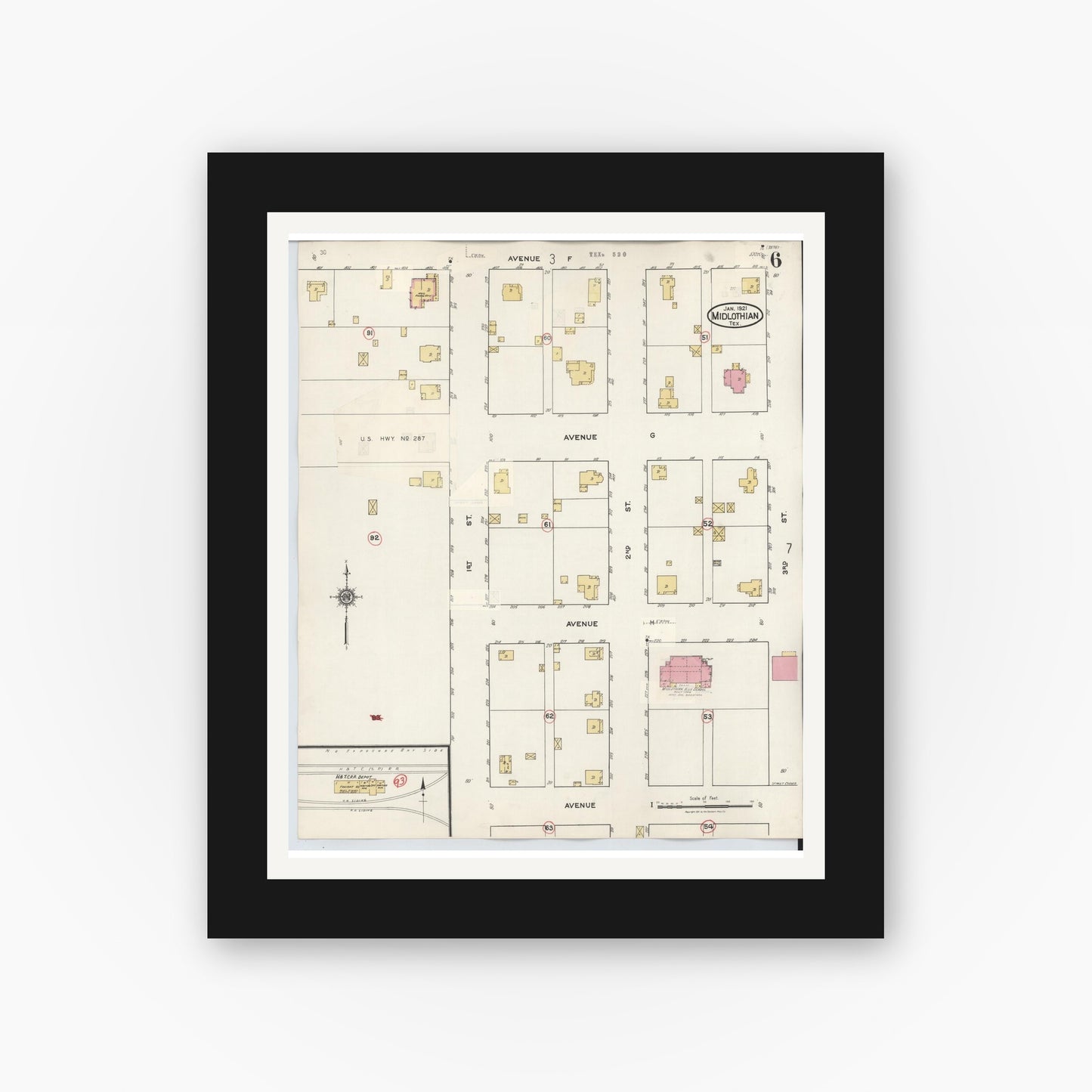 Old map wall art mockup — black gallery frame with white mat — Sanborn Fire Insurance Map from Midlothian, Ellis County, Texas (1944), Sheet #0006