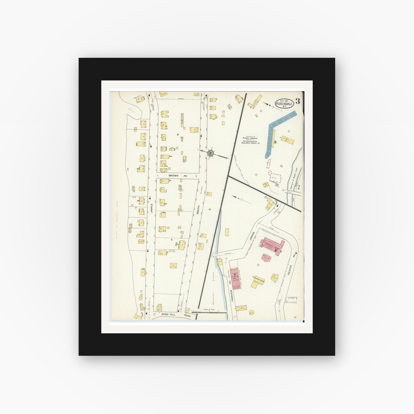 Old map wall art mockup — black gallery frame with white mat — Sanborn Fire Insurance Map from Rosendale, Ulster County, New York (1913), Sheet #0003