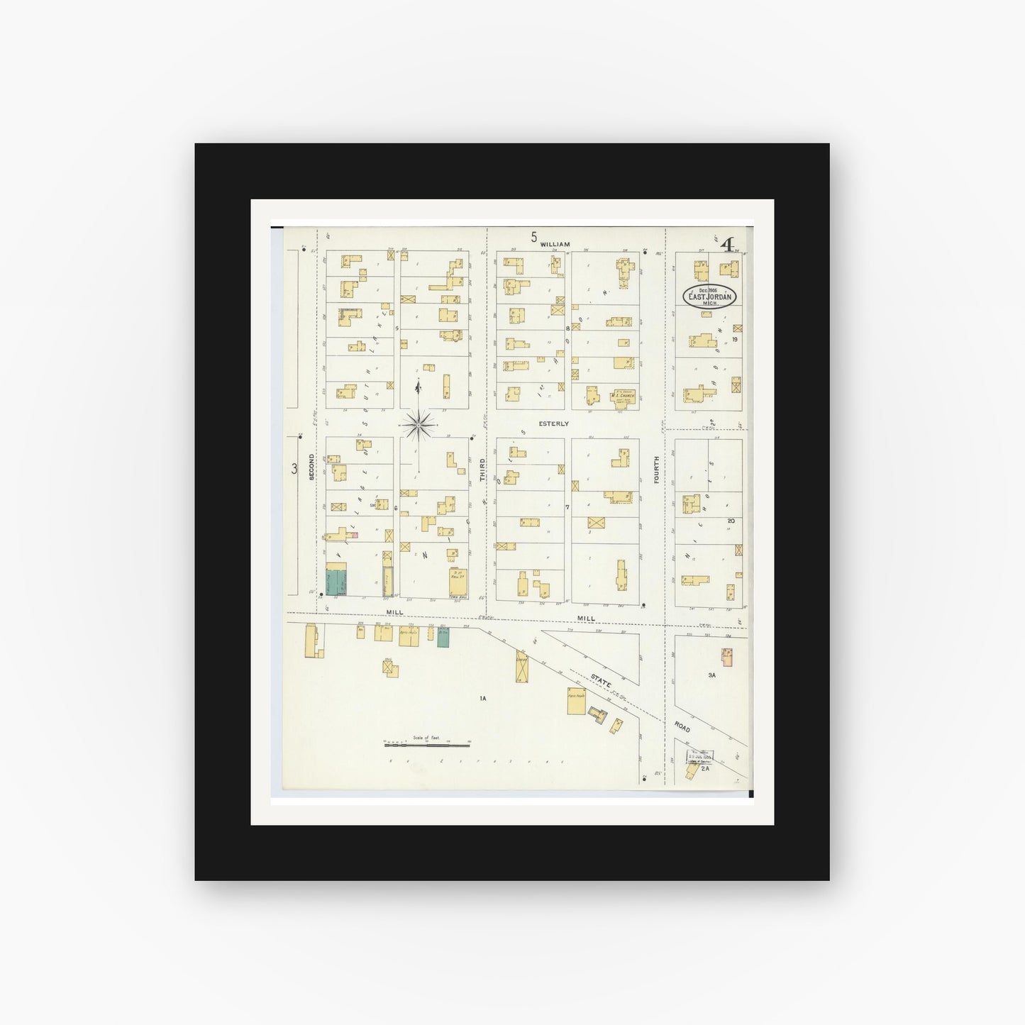 Old map wall art mockup — black gallery frame with white mat — Sanborn Fire Insurance Map from East Jordan, Charlevoix County, Michigan (1905), Sheet #0004