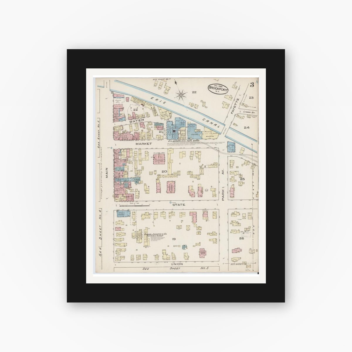 Old map wall art mockup — black gallery frame with white mat — Sanborn Fire Insurance Map from Brockport, Monroe County, New York (1885), Sheet #0003
