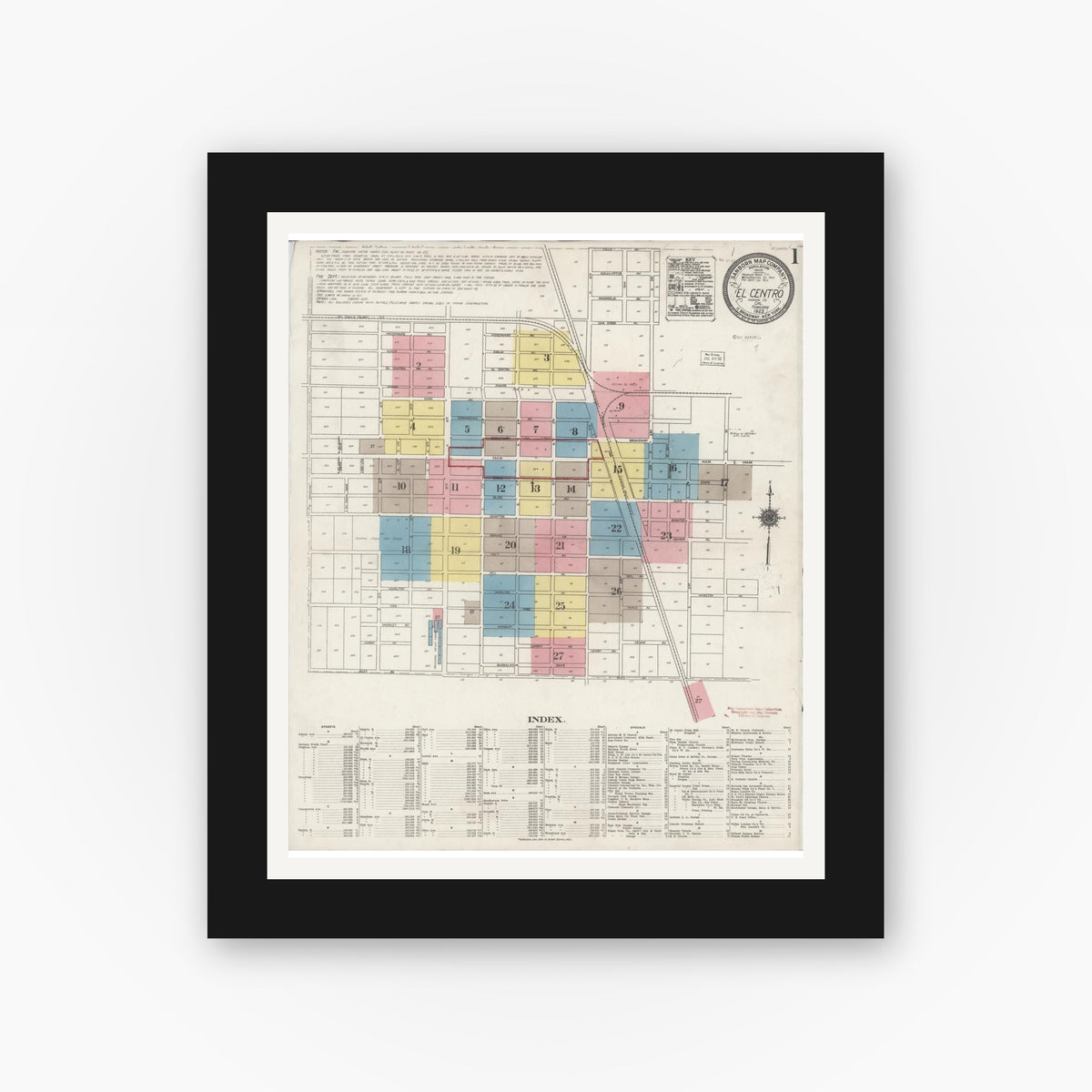Old map wall art mockup — black gallery frame with white mat — Sanborn Fire Insurance Map from El Centro, Imperial County, California (1922), Sheet #0001
