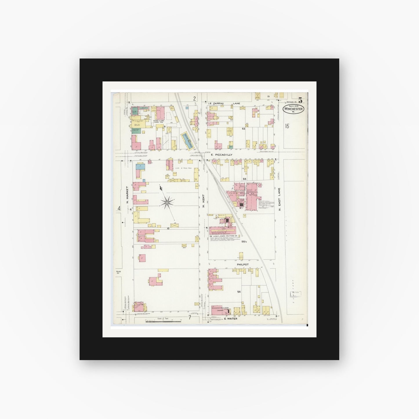 Old map wall art mockup — black gallery frame with white mat — Sanborn Fire Insurance Map from Winchester, Independent Cities, Virginia (1908), Sheet #0005