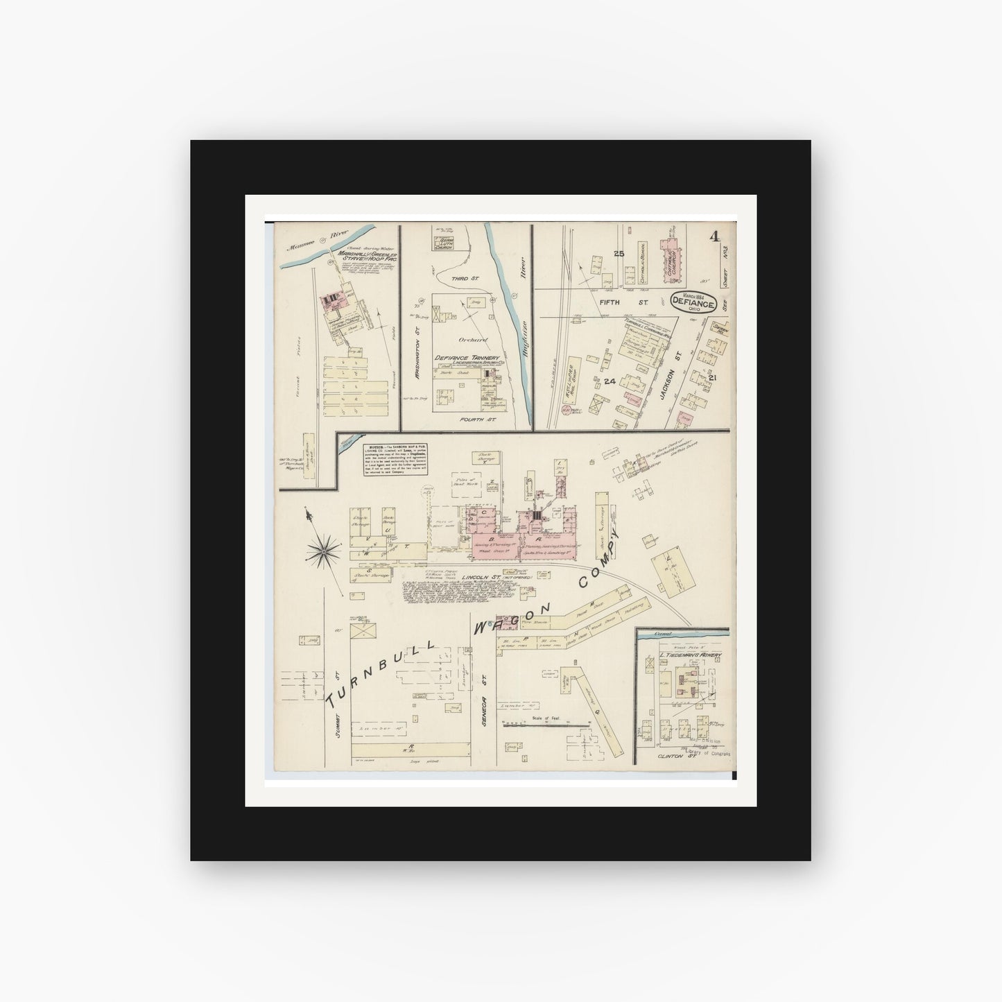 Old map wall art mockup — black gallery frame with white mat — Sanborn Fire Insurance Map from Defiance, Defiance County, Ohio (1884), Sheet #0004