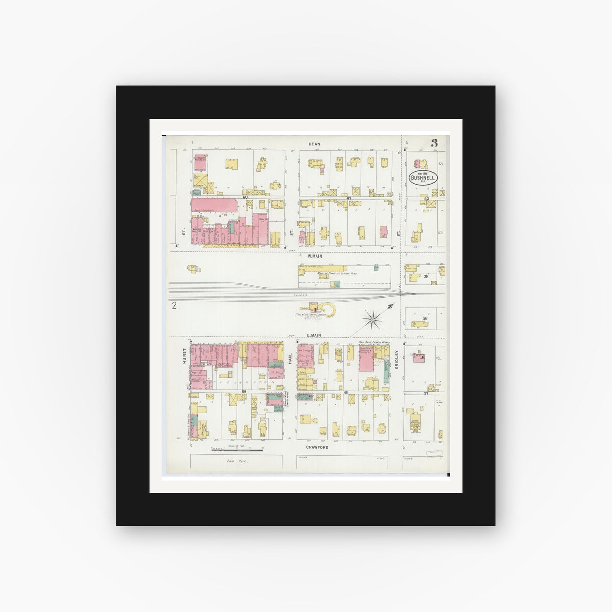 Old map wall art mockup — black gallery frame with white mat — Sanborn Fire Insurance Map from Bushnell, Mcdonough County, Illinois (1898), Sheet #0003