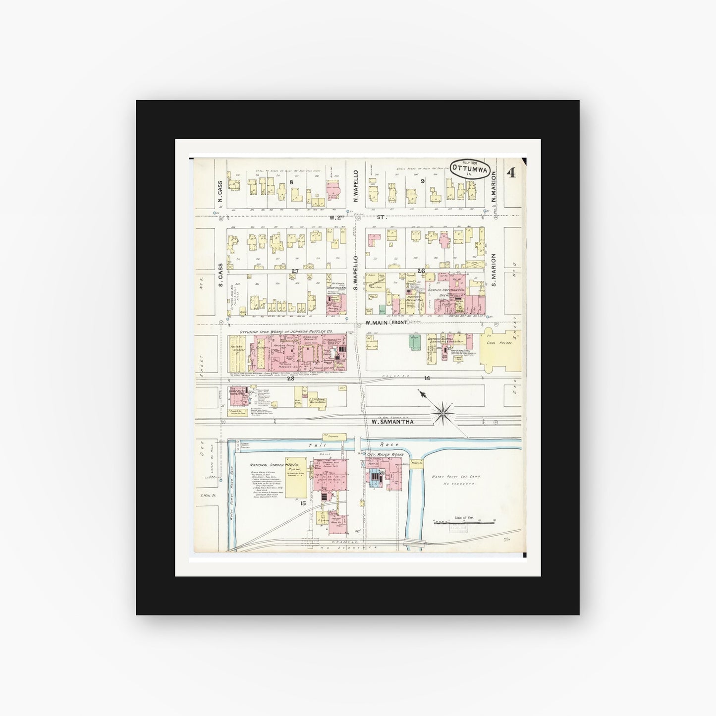 Old map wall art mockup β black gallery frame with white mat β Sanborn Fire Insurance Map from Ottumwa, Wapello County, Iowa (1891), Sheet #0004