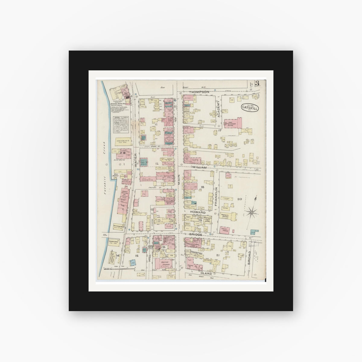 Old map wall art mockup — black gallery frame with white mat — Sanborn Fire Insurance Map from Catskill, Greene County, New York (1884), Sheet #0003