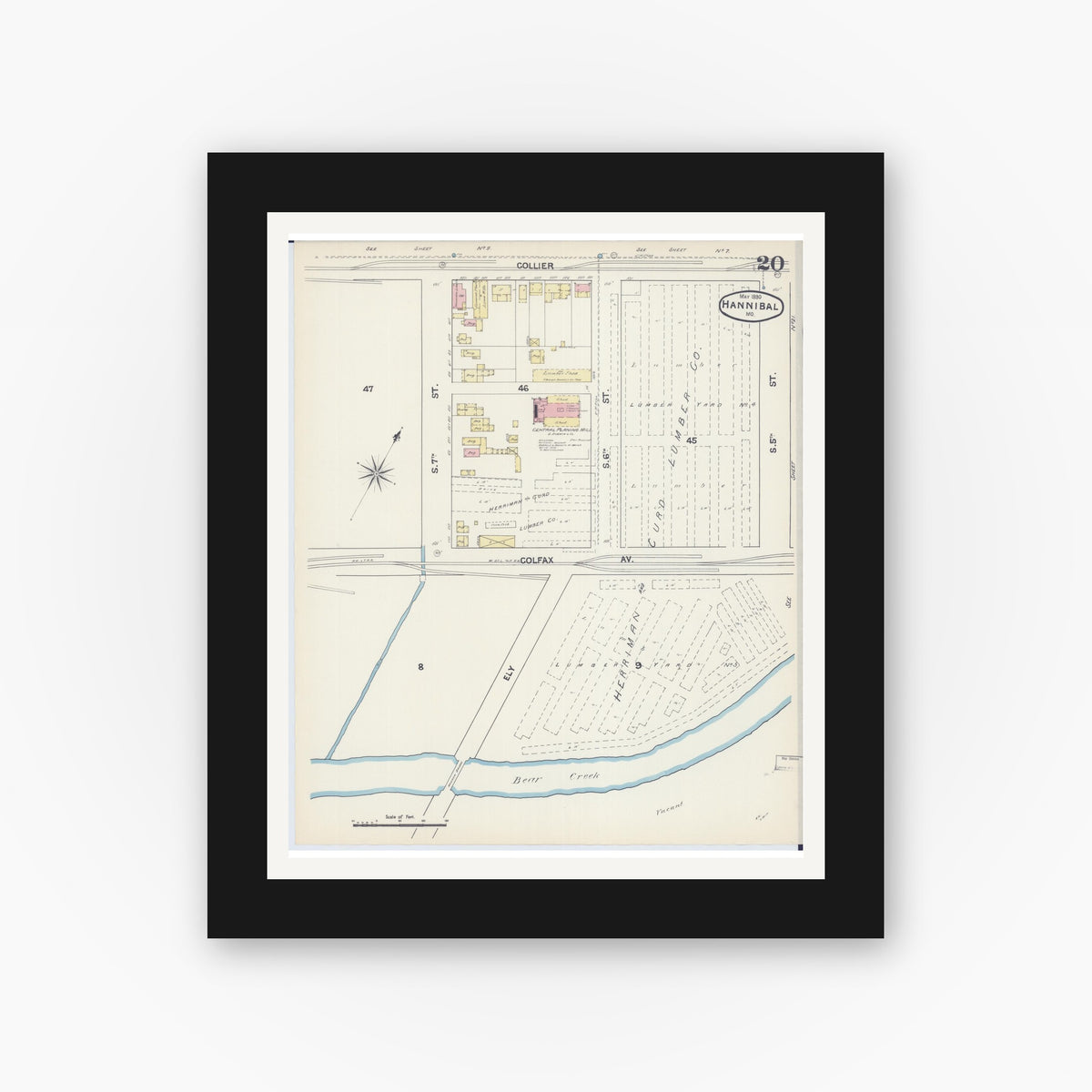 Old map wall art mockup — black gallery frame with white mat — Sanborn Fire Insurance Map from Hannibal, Marion County, Missouri (1890), Sheet #0020