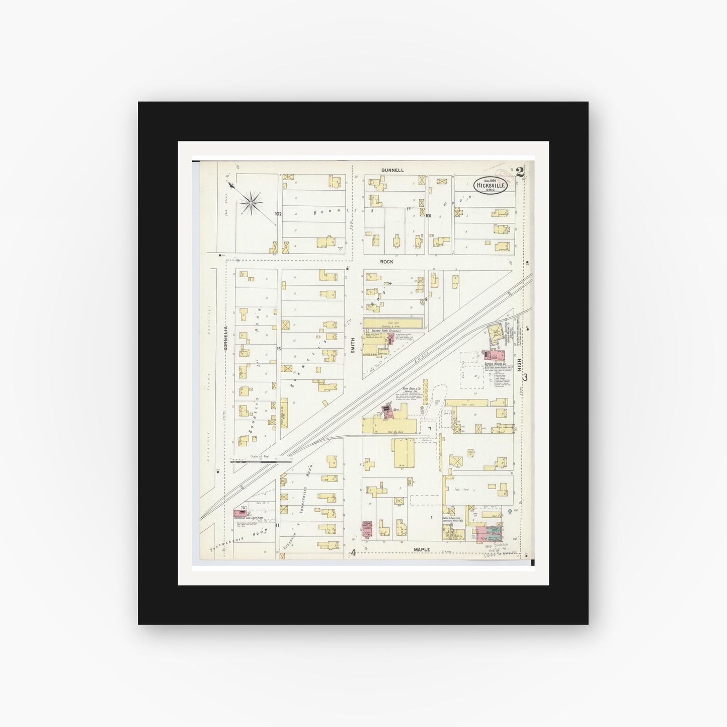 Old map wall art mockup — black gallery frame with white mat — Sanborn Fire Insurance Map from Hicksville, Defiance County, Ohio (1899), Sheet #0002