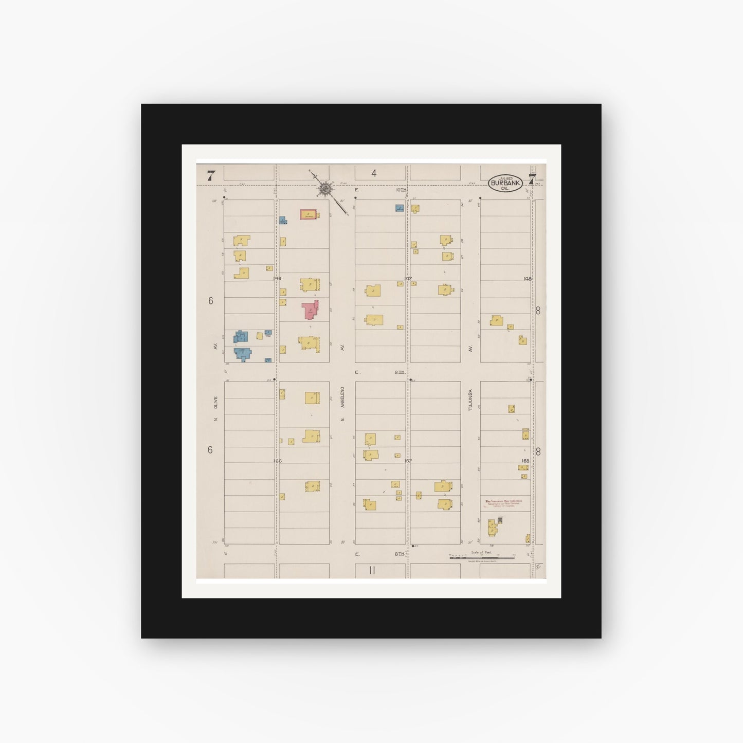 Old map wall art mockup — black gallery frame with white mat — Sanborn Fire Insurance Map from Burbank, Los Angeles County, California (1923), Sheet #0007