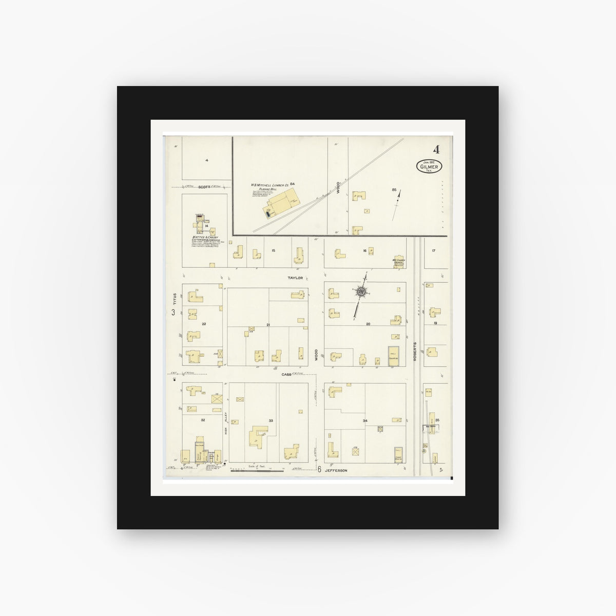 Old map wall art mockup — black gallery frame with white mat — Sanborn Fire Insurance Map from Gilmer, Upshur County, Texas (1912), Sheet #0004