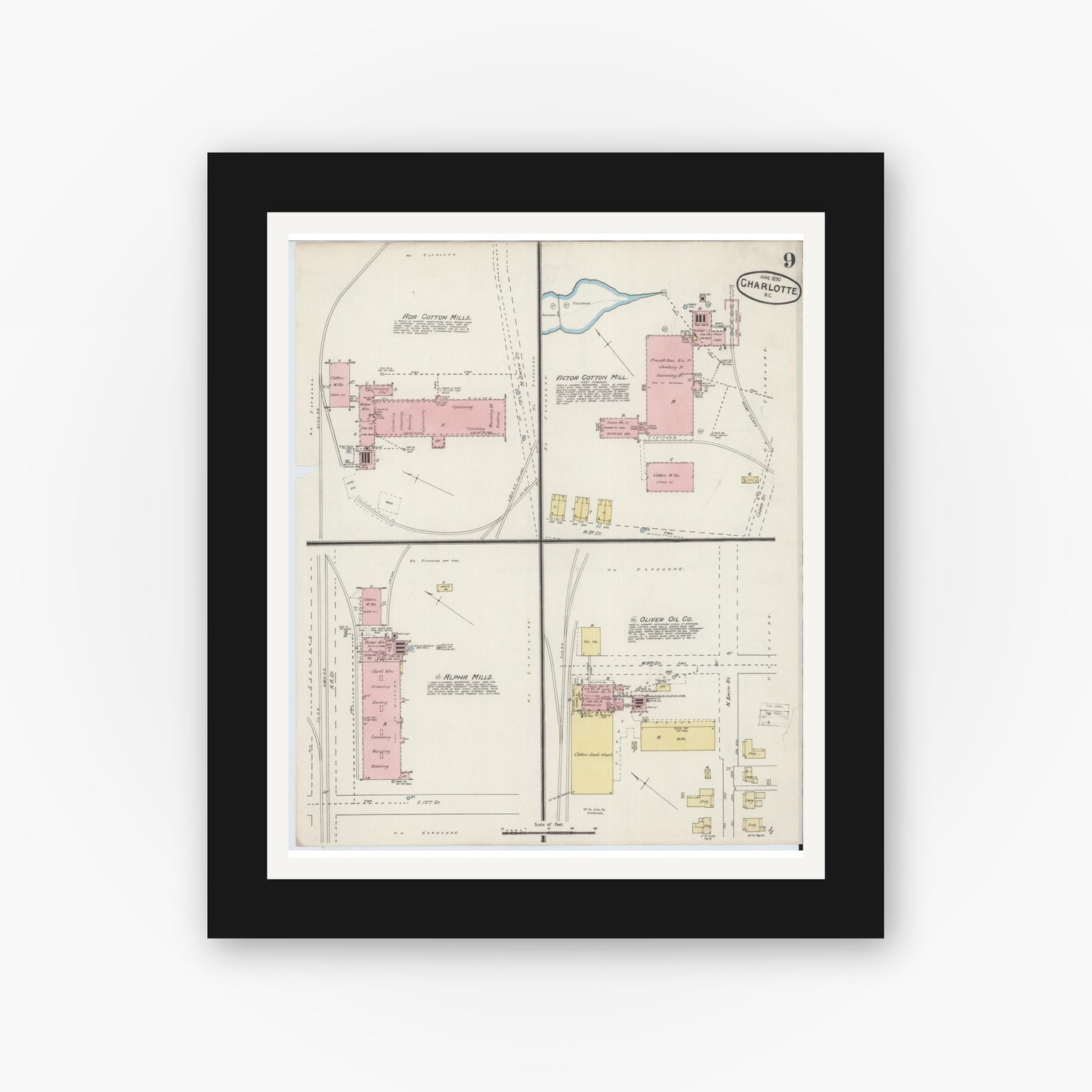 Old map wall art mockup — black gallery frame with white mat — Sanborn Fire Insurance Map from Charlotte, Mecklenburg County, North Carolina (1890), Sheet #0009