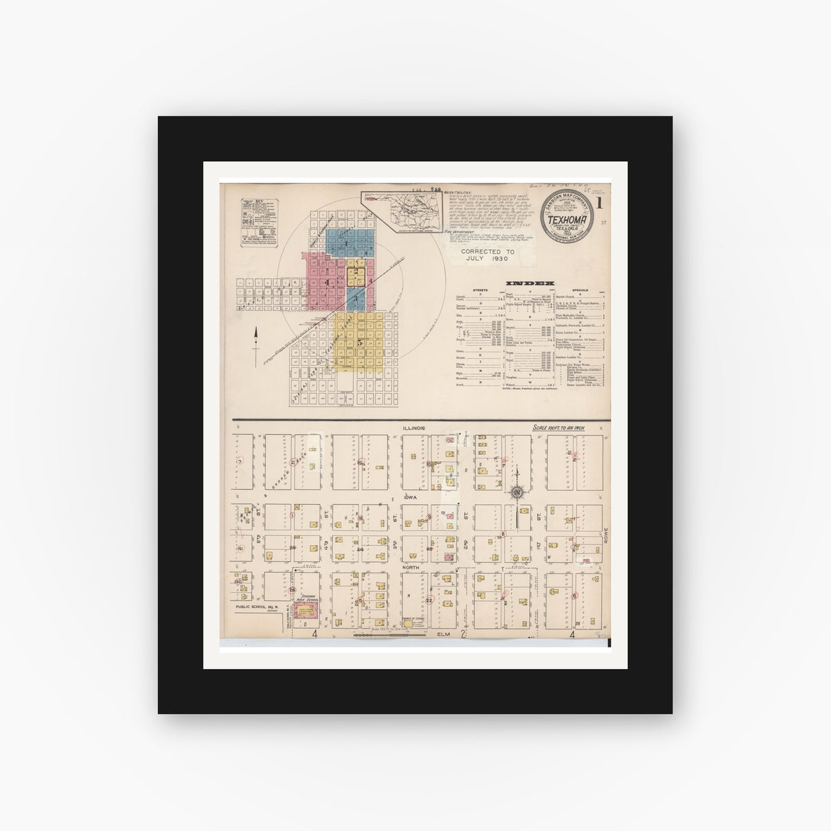 Old map wall art mockup — black gallery frame with white mat — Sanborn Fire Insurance Map from Texhoma, Texas County, Oklahoma and Sherman County, Texas, Texas (1930) - Complete Map Set
