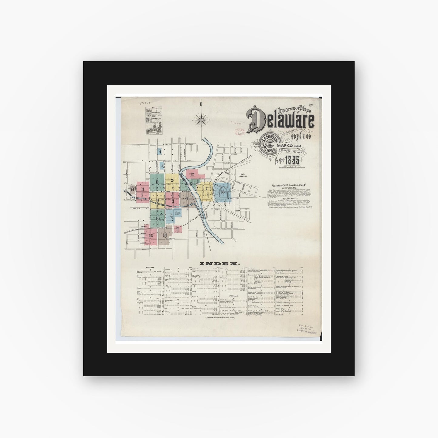 Old map wall art mockup — black gallery frame with white mat — Sanborn Fire Insurance Map from Delaware, Delaware County, Ohio (1895), Sheet #0001