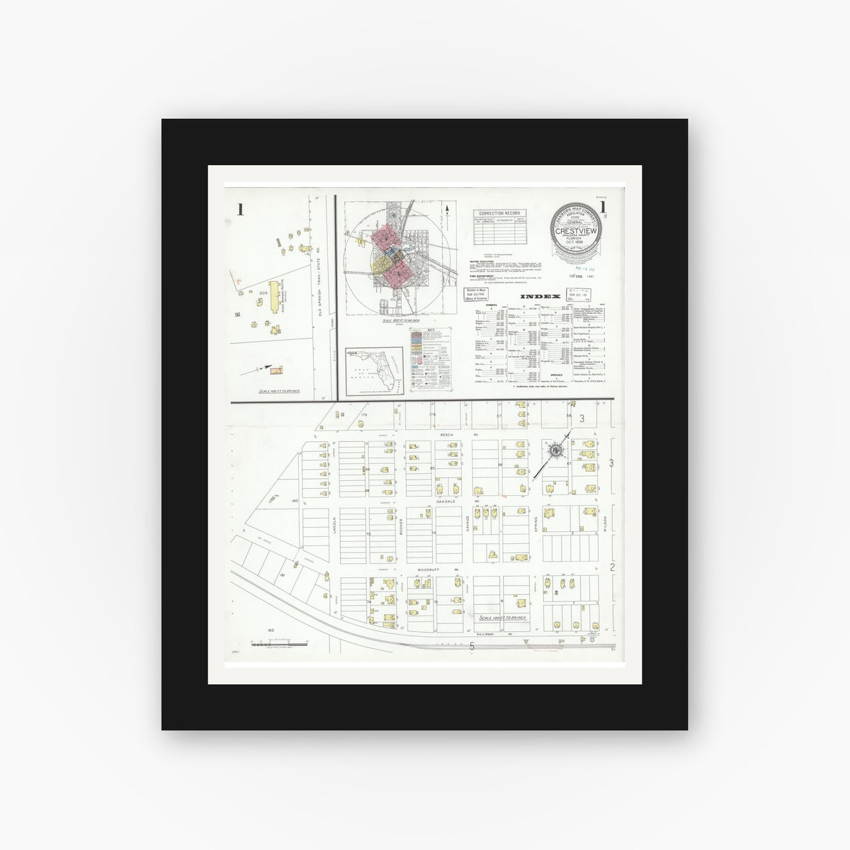 Old map wall art mockup — black gallery frame with white mat — Sanborn Fire Insurance Map from Crestview, Okaloosa County, Florida (1939), Sheet #0001