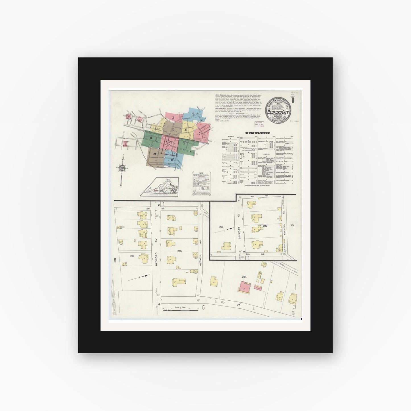 Old map wall art mockup — black gallery frame with white mat — Sanborn Fire Insurance Map from Bedford, Independent Cities, Virginia (1913) - Complete Map Set