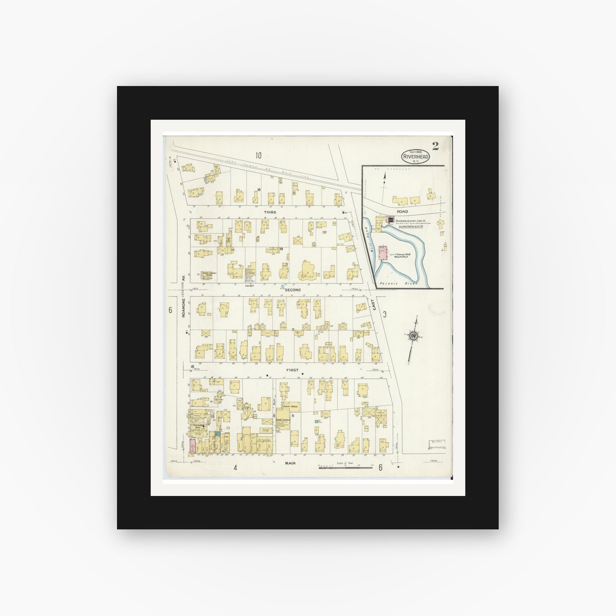 Old map wall art mockup — black gallery frame with white mat — Sanborn Fire Insurance Map from Riverhead, Suffolk County, New York (1909), Sheet #0002