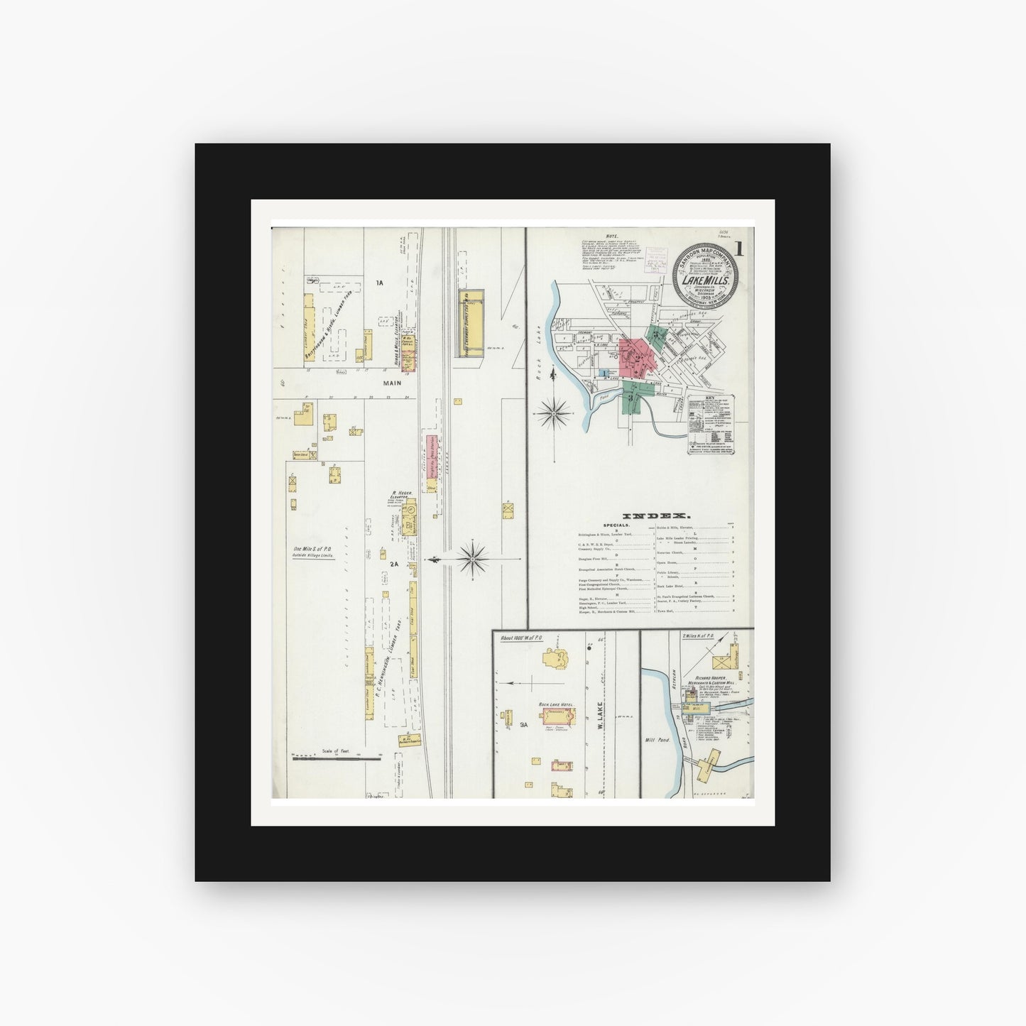 Old map wall art mockup — black gallery frame with white mat — Sanborn Fire Insurance Map from Lake Mills, Jefferson County, Wisconsin (1903), Sheet #0001